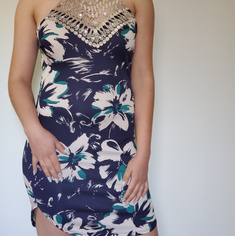 Navy Blue Floral Bodycon Dress